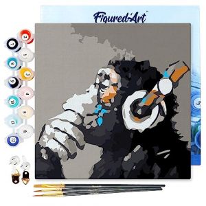 Figured'Art Mini Peinture par Numéro Adulte 20x20cm avec cadre Singe casque audio - Petit Format Kit de Loisir Créatif DIY Numéro d'Art Complet