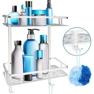 Image de Happy Goods Support de douche à 2 niveaux sans perçage - Support de salle de bain - Support de douche à suspension argentée - 2 crochets inclus - Accessoires de salle de bain - Support mural