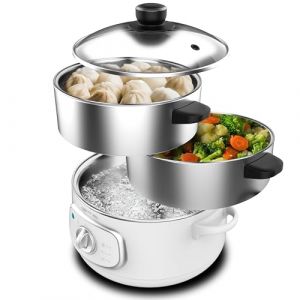 Cecotec Cuiseur &agrave; Vapeur &eacute;lectrique Vapovita 3000 INOX, 3 paniers ind&eacute;pendants, Bol de Cuisson du Riz, Supports de Cuisson des &oelig;ufs, Minuterie de 60 minutes, 2 Entr&eacute;es d'Eau Lat&eacute;rales, Gris, 800 W