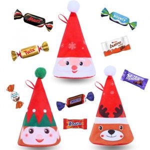 3 Pochons: Lutin, Renne et Père Noël garnis d'un assortiment de 40 chocolats Kinder, Milka, Daim & Célébrations