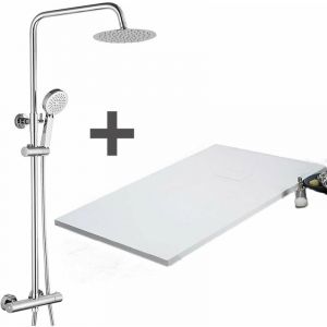 Stano Pack Receveur de douche 80 x 100 cm extra plat Blanc + Colonne de douche thermostatique Finition chrom&eacute;e - Finition chrom&eacute;e