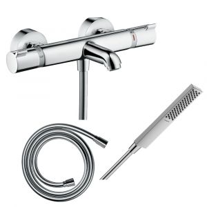 Hansgrohe Pack mitigeur bain thermostatique Ecostat Comfort + Flexible Isiflex 1,6m + Pommeau Pulsify E 100 EcoSmart chromé