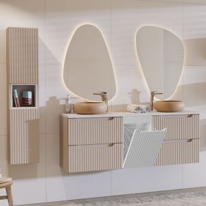 Ensemble meuble double vasque 160cm panier à linge et colonne Riva Cachemire et Blanc