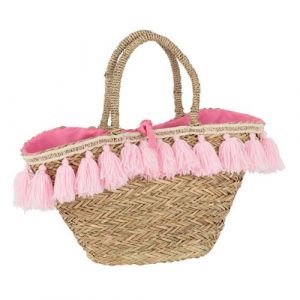 Sac de Plage "Pompons" 50cm Naturel & Rose