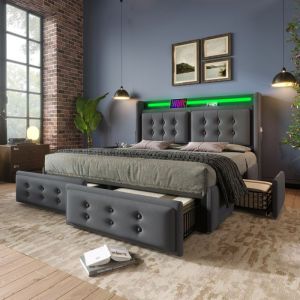 Lit adulte 160x200cm en tissu lin - avec led et Ports de recharge - 4 tiroirs - Gris