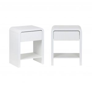 Lot de 2 tables de chevet effet bois blanc rainuré 1 tiroir. 1 étagère