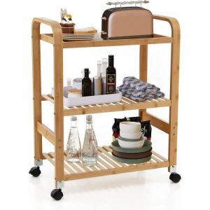 GOPLUS Chariot Roulant de Cuisine en Bambou avec 3 Étagères, Chariot de Rangement avec 4 roulettes Pivotantes, 58 x 33 x 76 CM