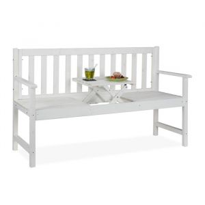Relaxdays Banc de jardin avec table intégrée, 3 places, banquette bois, terrasse, balcon, HxLxP : 90x152x56 cm, blanc