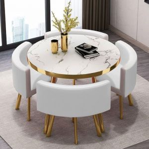 MEUBLER DESIGN Table À Manger Ronde Et Chaises Encastrable Popup - Marbre Blanc Chaises Blanc, Bois MDF, Polyuréthane, Rond, Style Contemporain, 90 x
