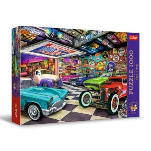 Trefl Premium Plus Quality - Puzzle Tea Time : Garage du Collectionneur de Voitures - 1000 pièces, Série d'Images Nostalgiques Peintes, pour Adultes et Enfants à partir de 12 Ans