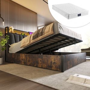 Lit coffre Lit adulte Lit en métal 160 x 200 cm avec tête de lit rechargeable usb, led et sommier à lattes, gris, matelas inclus, sans fond