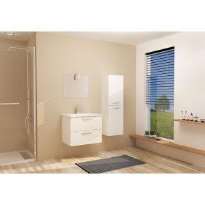 Image de TMM - Ensemble meuble de salle de bain suspendu 2 tiroirs 60 cm Blanc + miroir + colonne- kundo - l 61.5 x l 47 x h 52 cm