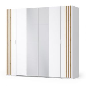 Armoire FLORENCE – Blanc et chêne – 2 portes coulissantes + 2 battantes – L218 cm – 10 étagères