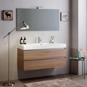 Kiamami Valentina Meuble De Salle De Bains Suspendu 120cm 2 Tiroirs Chêne Naturel, Lavabo Et Miroir 120x60 | Vittoria
