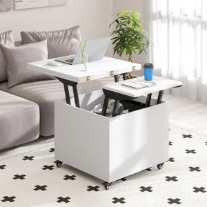 3 en 1 Table Basse &agrave; Plateau Relevable COSTWAY, Rangement Cach&eacute;, Tiroir, Roues Verrouillables &agrave; 360&deg;, Table de Salon Pliante Blanc