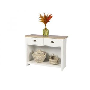 Console avec 1 étagère et 2 tiroirs design colonial – 97x35xH76 cm, coloris blanc et plateau chêne clair – Collection MADERA