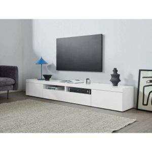 Dmora - Meuble TV Ulisse, Buffet Bas de Salon avec 3 Portes, Base Meuble TV, 240x40h35 cm, Blanc Brillant