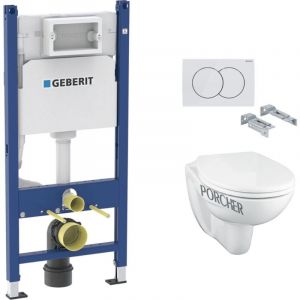 Geberit Pack WC Bâti Duofix + Cuvette suspendue Porcher sans bride + Abattant Ideal Standard ASTOR + Plaque blanche (PorcherGeb3)