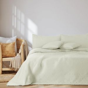 AmeliaHome Couvre-lit avec Pompons 170 x 270 cm - Couvre-lit matelass&eacute; ultrasonique - Polyester - Cr&egrave;me