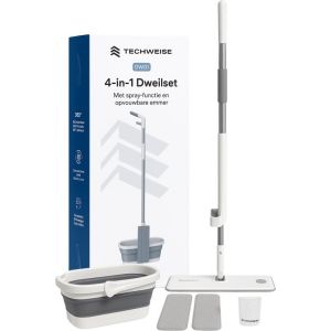 Image de Techweise Syst&egrave;me de nettoyage 4 en 1 avec vaporisateur et seau pliable avec 2 vadrouilles suppl&eacute;mentaires en microfibre - Ensemble de nettoyage avec fonction de vaporisation - essuie-plancher - vadrouille - vadrouille avec essoreuse