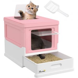 Pawhut Bac à litière pour chat - pliable - double porte battante pelle tiroir à litière - nettoyage facile - rose blanc