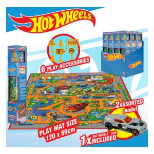Tapis de jeu Hot Wheels de 87,5 x 118 cm avec voiture et panneaux
