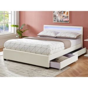 Lit 140 x 190 cm avec rangements - Simili blanc avec LEDs - ALOIS II