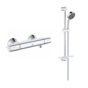 Image de Grohe Mitigeur thermostatique de douche mural Precision Trend + Ensemble de douche 4 jets avec barre Vitalio Comfort 100 chrom&eacute;