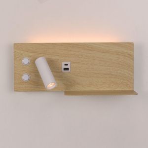 Applique mural pour lecture effet bois avec port USB - Éclairage 7W + lampe de lecture 3W 2700K (Gauche)