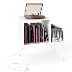 Meuble &Eacute;tag&egrave;re sur Table COSTWAY, Meuble Disque Vinyle pour 145 Albums, Station de Charge, 4 Pieds Amovibles, 3 S&eacute;parateurs, Blanc