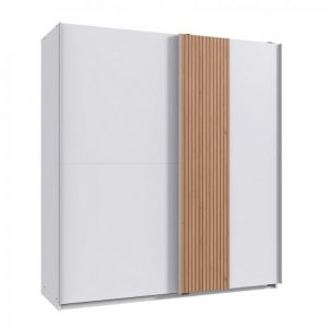 Wimex Armoire LAMBO 2 portes coulissantes d&eacute;cor blanc rechampis aspect clayettes imitation ch&ecirc;ne artisan