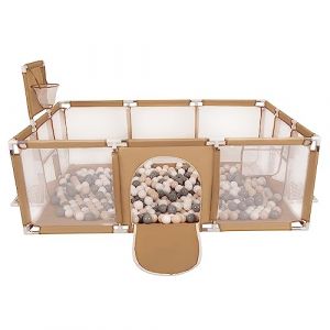 Parc Bébé Basket + 200 balles colorées - Selonis - Beige, Beige Pastel-Gris-Blanc