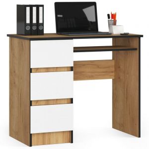 Bureau d'ordinateur AKORD gauche A6 Chêne Craft 90 cm 3 tiroirs façade Blanche 1 étagère 90x50x77 cm