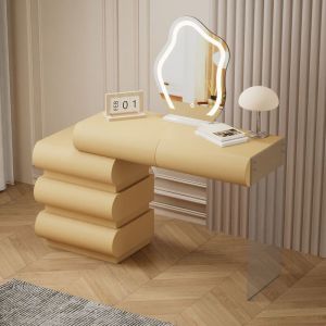 Cotecosy Coiffeuse avec 5 tiroirs arrondis et miroir design Mezade Beige