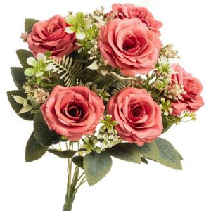Ruedelafete Bouquet de 6 Roses et feuillage, 43cm rose
