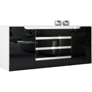 Buffet Commode Dressoir Crédence Sylt V2 Blanc - haute brillance & tons naturels - Noir haute brillance / Blanc haute brillance - Noir haute