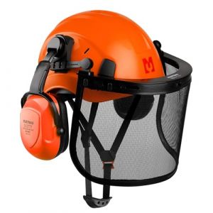 Mustbau Casque de S&eacute;curit&eacute; pour Tron&ccedil;onneuse - Casque de Protection - Coquilles Antibruit et Visi&egrave;re en Maille - Orange