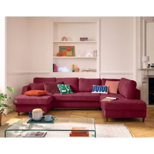 Anna - canap&eacute; panoramique dangle droit 7 places convertible avec coffre en velours textur&eacute; - Prune