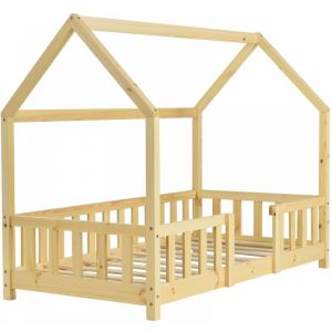 Image de D&eacute;coshop26 Lit pour enfant cabane maison avec barri&egrave;re et sommier &agrave; lattes en bois de pin naturel 70 x 140 cm - noir