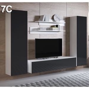 Ensemble de Meubles tv Mur de Rangement Meuble salon Suspendu Modèle Luke 7C Blanc et Noir Finition brillante