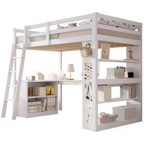 Lit mezzanine 90x200cm - avec bureau - avec étagère de rangement - avec échelle de sécurité - bois massif+MDF - Blanc