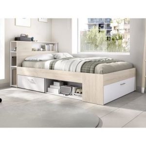 Vente-unique - Lit avec tête de lit rangements et tiroir - 120 x 190 cm - Coloris : Naturel et blanc - leandre