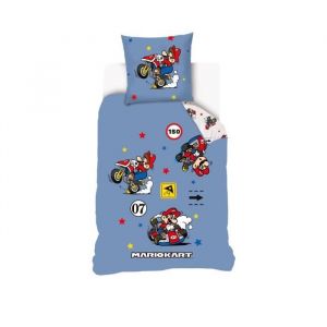 MARIO - Housse de couette Mario Kart 140x200 cm + 1 Taie D'Oreiller 63x63 cm - 100% Coton - Bleu