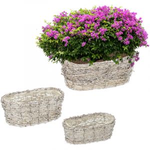 Image de Relaxdays Pot de fleurs, 3 tailles différentes, en rotin, avec plastique, cache-pots pour intérieur, blanc-nature