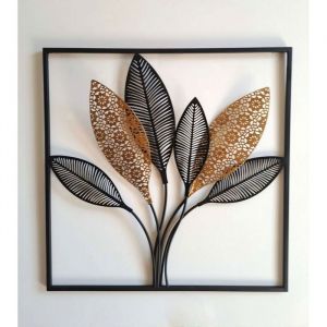 Déco Murale Feuilles en Métal Noir et Doré 60x60 cm