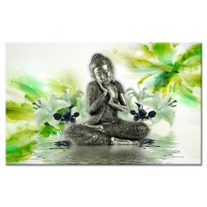 Tableau D&eacute;co Ambiance Zen D&eacute;co Fleurs et Bouddha - Zen - 80x50 cm - Vert