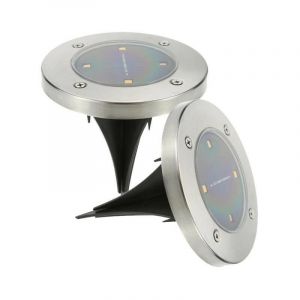 L I JARDIN Lot de 2 spots solaires Decky ronds inox Encastrable ou &agrave; piquer LED H 12 cm Blanc