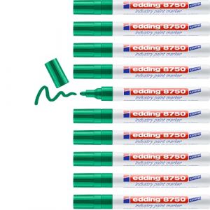 Image de Edding 8750 industry paint marker - vert - 10 stylos - pointe ronde 2-4 mm - marqueur pour peinture pour écrire sur des surfaces poussiéreuses et légèrement huileuses, pneus, métal, verre et bois
