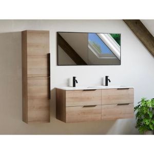 Meuble de salle de bain suspendu avec vasque à encastrer et colonne - Naturel clair - 120 cm - NISAYA