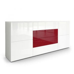 Buffet Commode Dressoir Cr&eacute;dence Rova en Blanc - haute brillance & tons naturels - Blanc haute brillance / Bordeaux haute brillance - Blanc haute